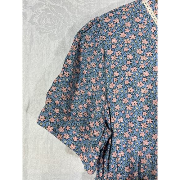 Handmade Dress Medium Blue Pink Floral Faux Wrap Tiered Ruffle Cottage Core - Picture 4 of 12